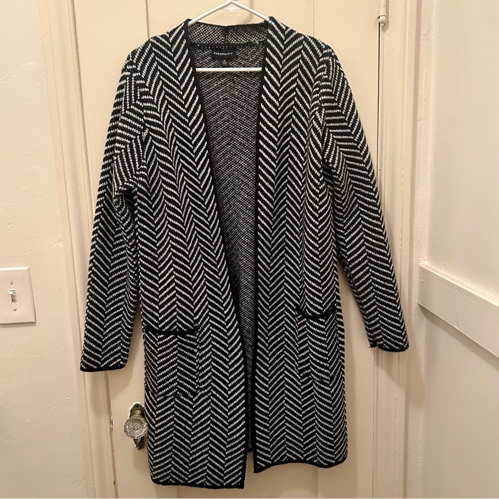 Fortune & Ivy Long Black and White Open Front Cardigan Sweater